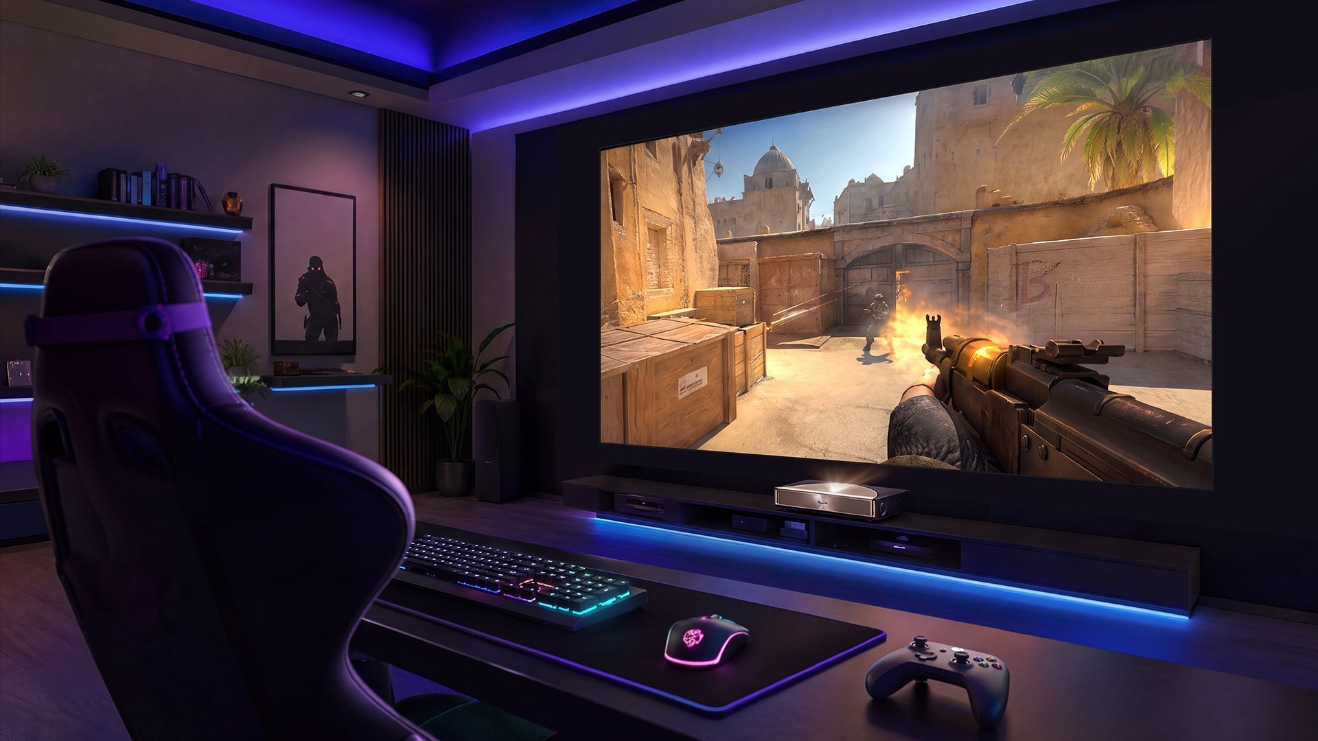 A futuristic gaming room featuring a massive 120-inch projection screen displaying fast-paced 4K esports gameplay.