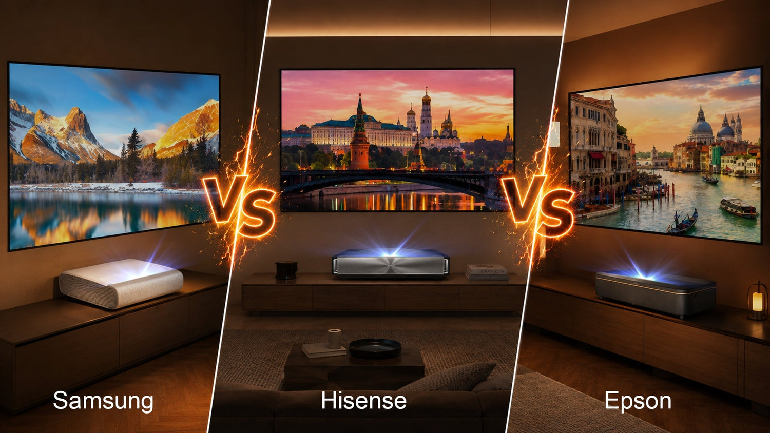 A luxury European home theater showroom displaying a flagship 120-inch UST laser TV setup with ambient light rejecting screen.
