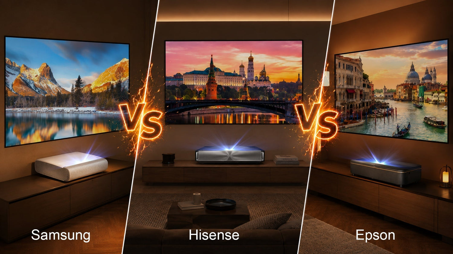 A luxury European home theater showroom displaying a flagship 120-inch UST laser TV setup with ambient light rejecting screen.