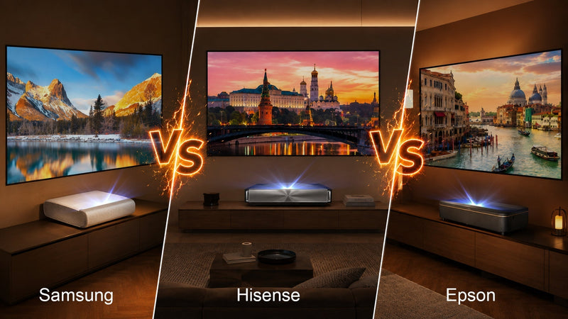 A luxury European home theater showroom displaying a flagship 120-inch UST laser TV setup with ambient light rejecting screen.