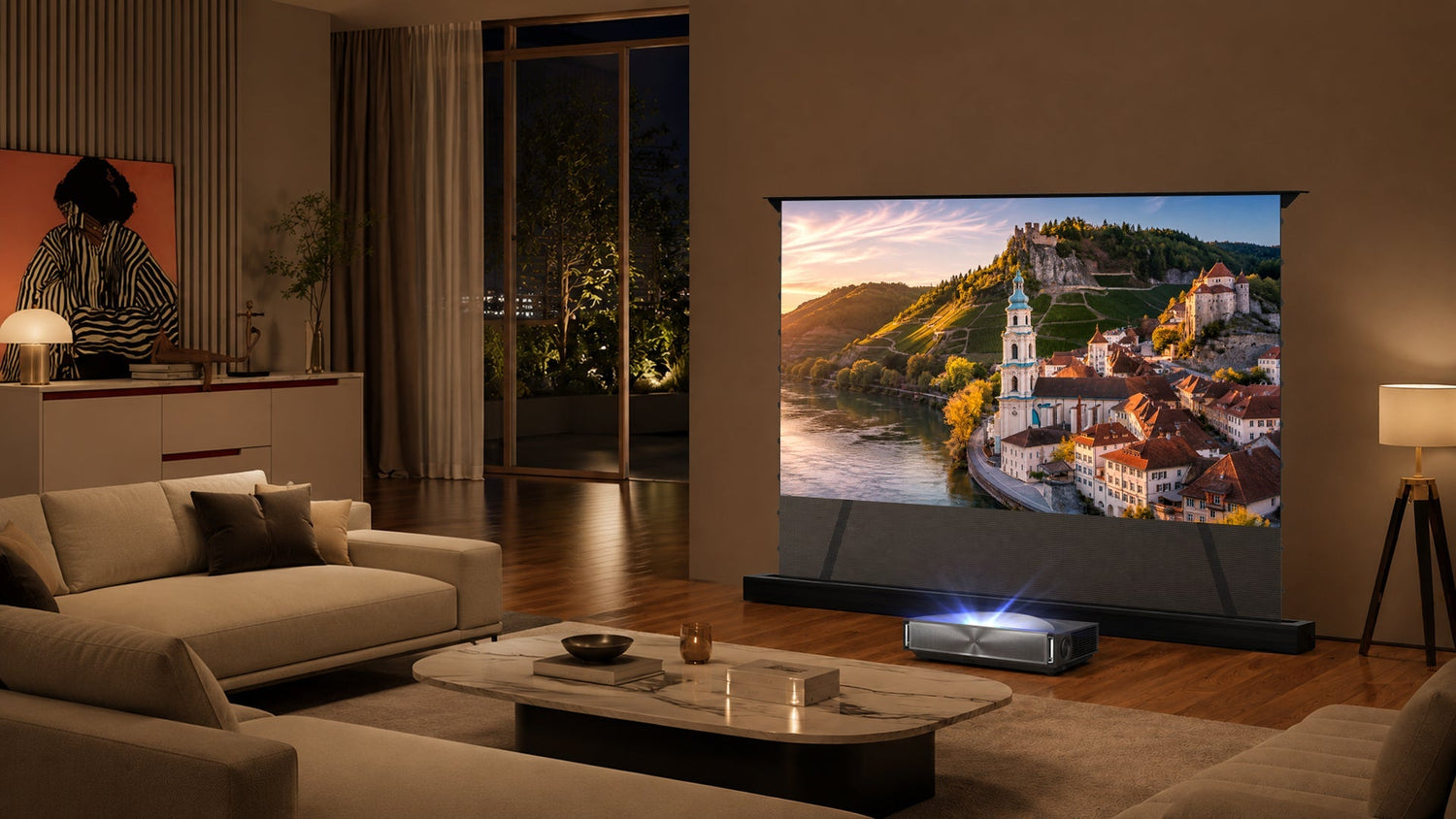 Modern European living room featuring a sleek motorized floor-rising UST ALR projector screen deploying smoothly with zero wall installation.
