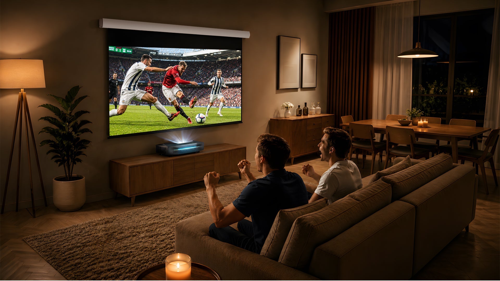 Modern European minimalist living room featuring a discreet ceiling-recessed motorized dropdown projector screen.