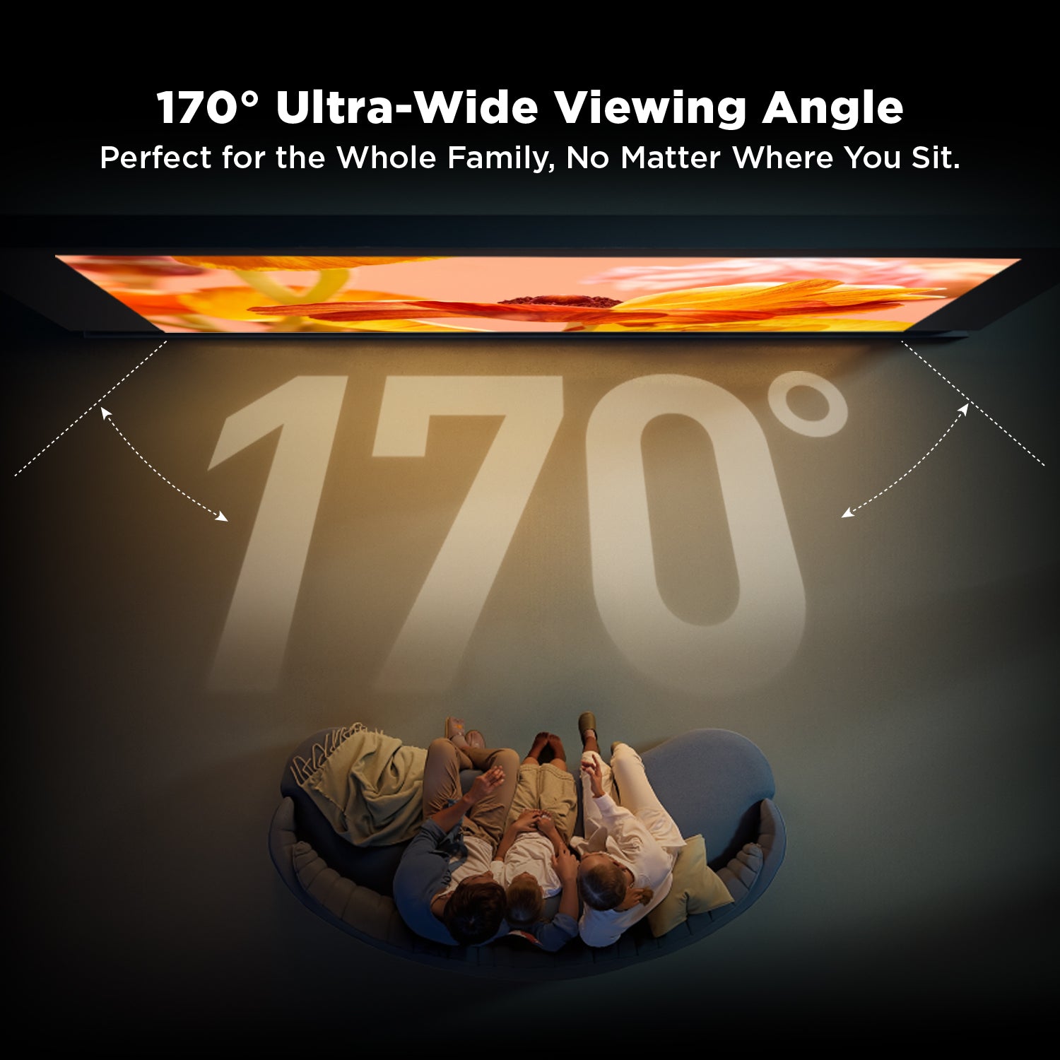 170-degree wide angle view on NothingProjector Black Series UST ALR Screen showing vivid image from every seat