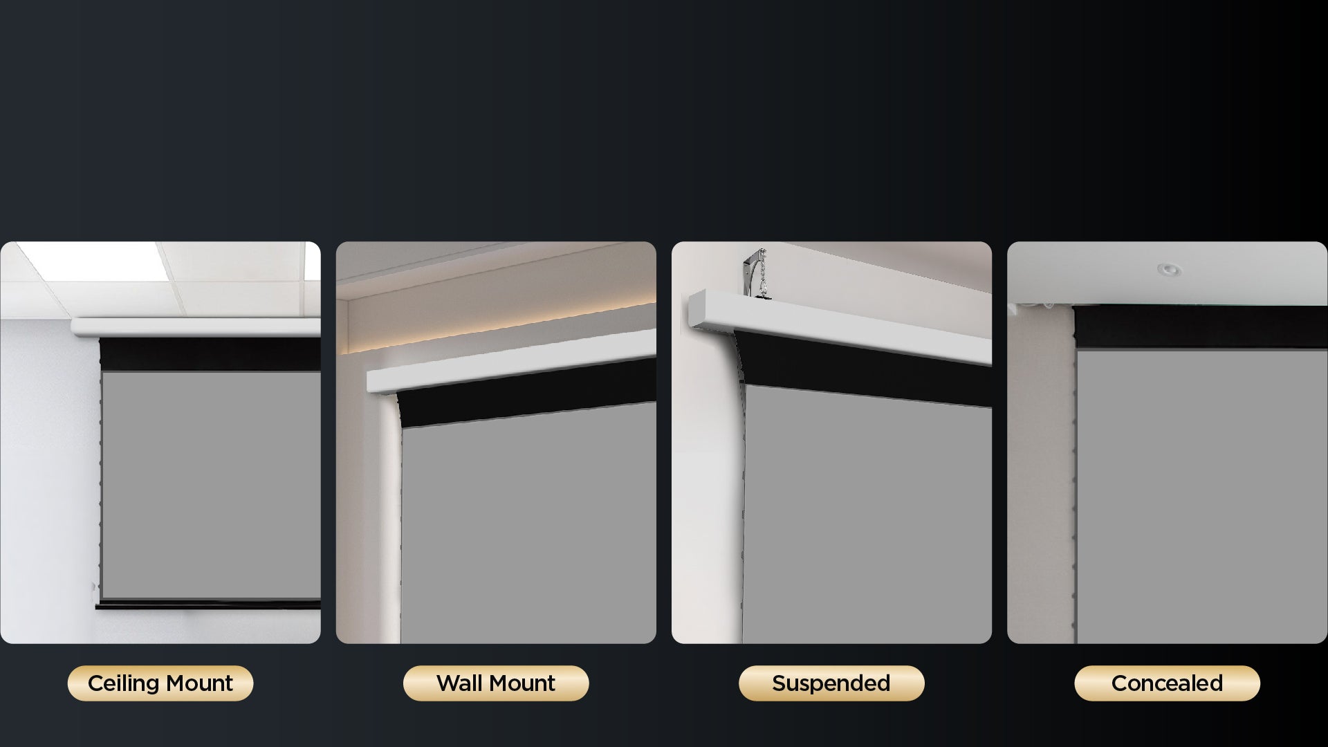 NP Black Series motorized ALR screen for UST projectors: ceiling mount, wall mount, suspended and other installation methods
