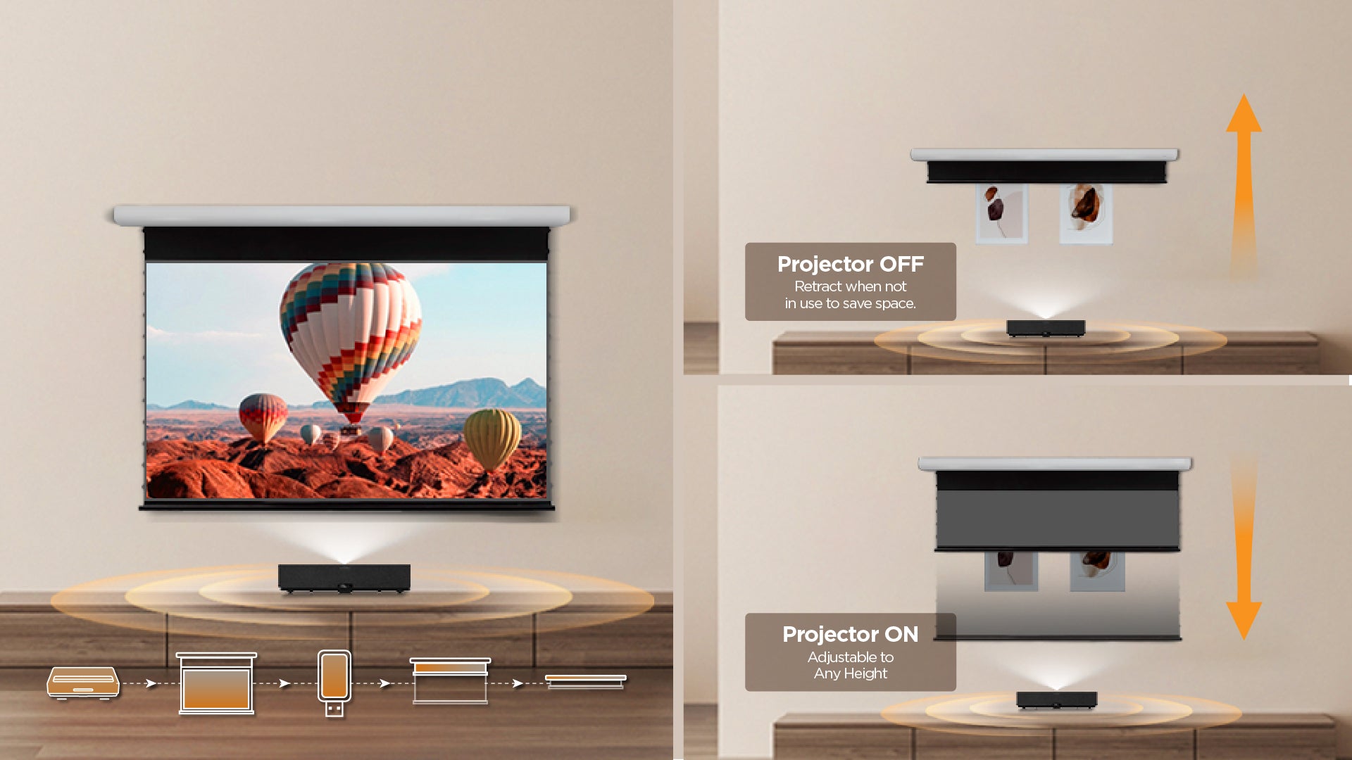 The NP Black Series motorized screen automatically syncs with UST projectors – retracting when idle to eliminate clutter, then extending to your perfect height for viewing.