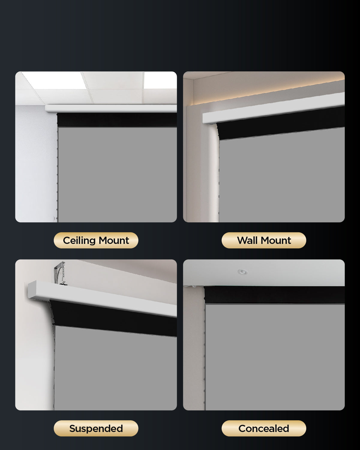 NP Black Series motorized ALR screen for UST projectors: ceiling mount, wall mount, suspended and other installation methods