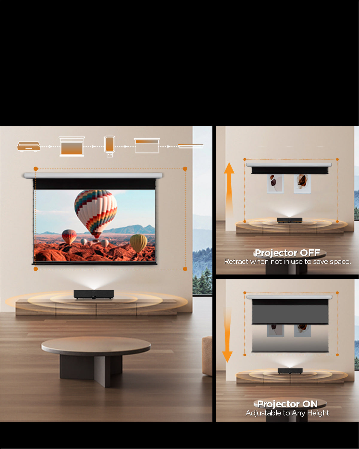 The NP Black Series motorized screen automatically syncs with UST projectors – retracting when idle to eliminate clutter, then extending to your perfect height for viewing.