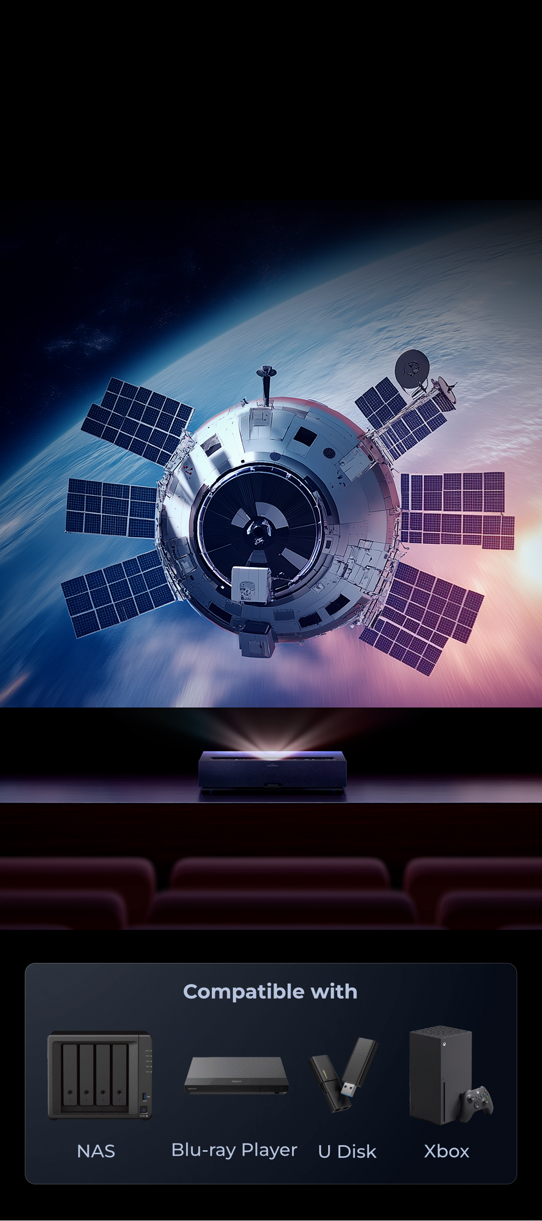 The projector integrates an impressive second-generation Bowers & Wilkins audio system, and it supports immersive sound formats like Dolby Atmos and DTS: X.