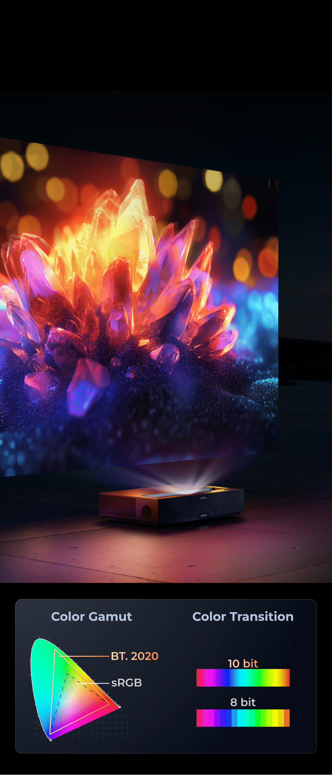 At the heart of its visual prowess is the ALPD RGB+ 4.0 triple-laser system, delivering 107% BT.2020 color gamut, heightened brightness, and laser-speckle suppression.