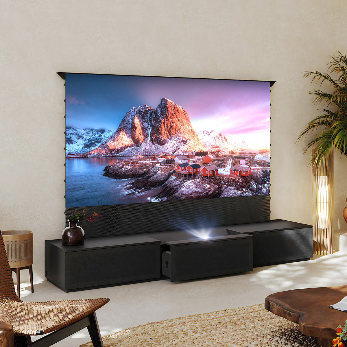 100"-120" Shore Black Motorized Laser TV Flat Pack Cabinet