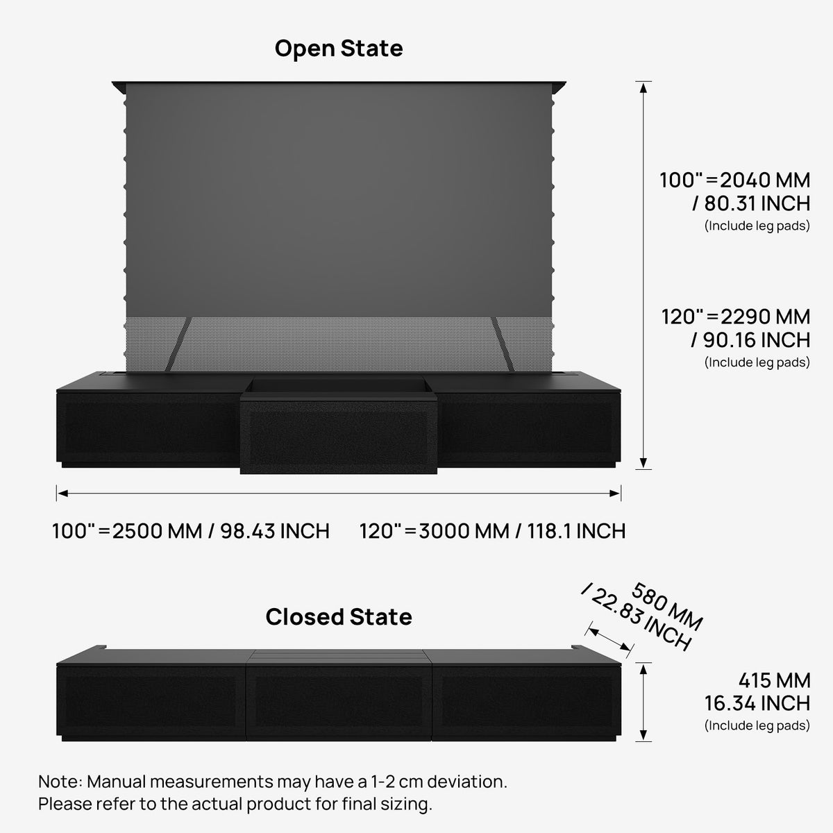 100"-120" Shore Black Motorized Laser TV Flat Pack Cabinet