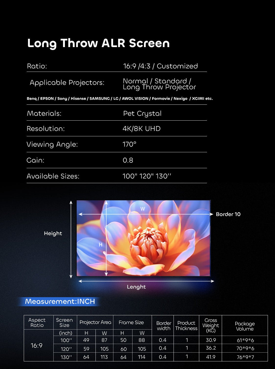 100"-130" NothingProjector Lenticular 4K ALR Projector Screen for Long/Standard Throw Projectors