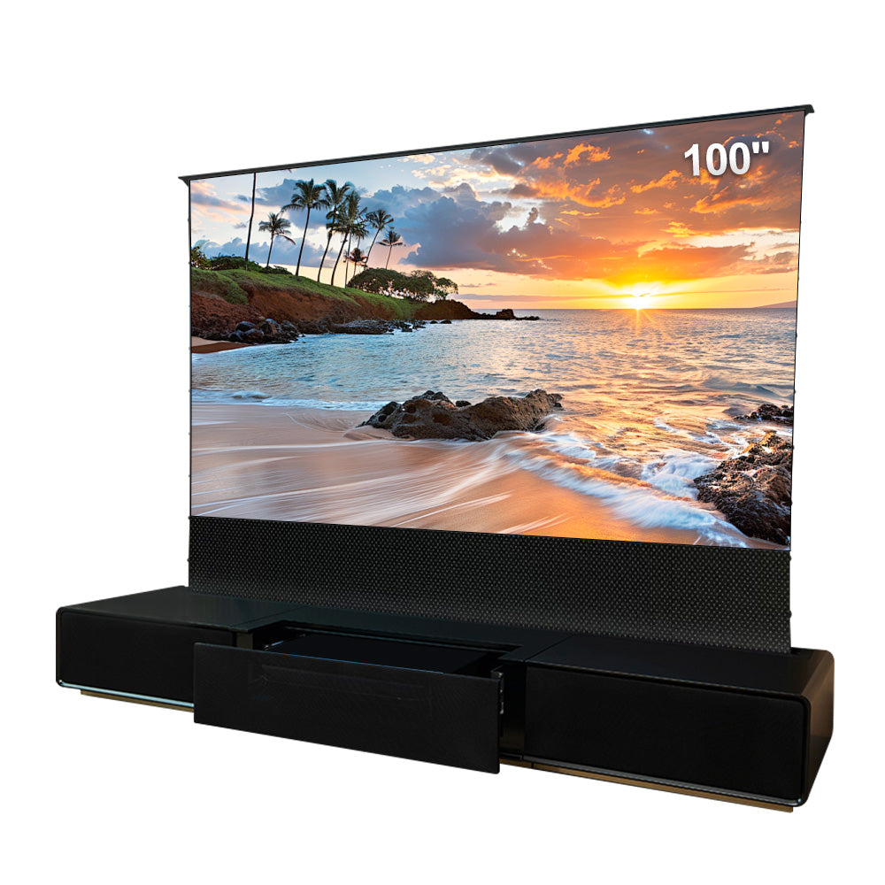 Shore UST Projector Matte Cabinet + Black Series Motorized Floor Rising Screen Bundle (Pre-Assembled)