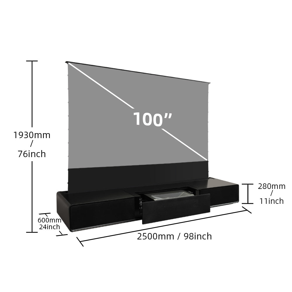 Shore UST Projector Matte Cabinet + Black Series Motorized Floor Rising Screen Bundle (Pre-Assembled)