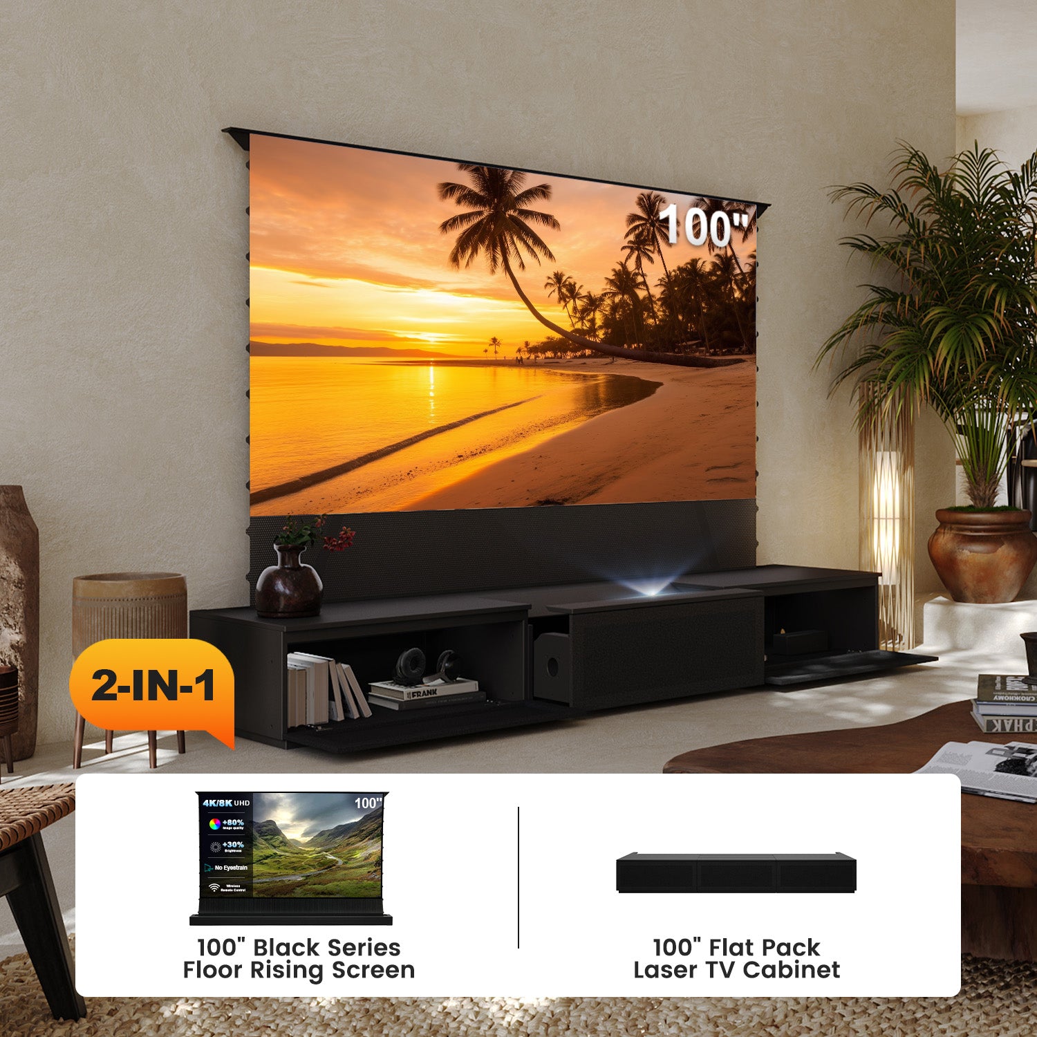 100" 2-in-1 Home Cinema System: Black Series Floor Rising Screen +Flat Pack Laser TV Cabinet for Immersive Viewing