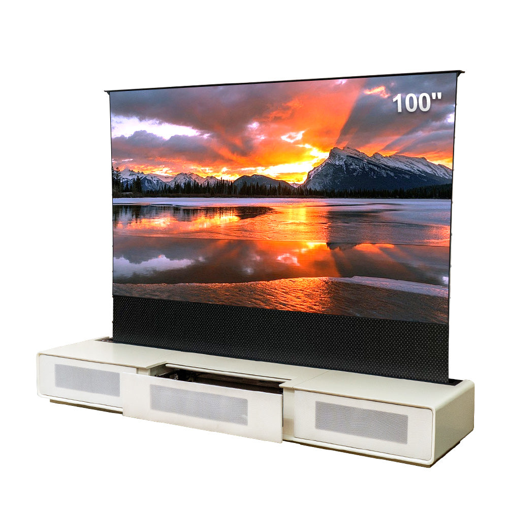 Shore UST Projector Matte Cabinet + Black Series Motorized Floor Rising Screen Bundle (Pre-Assembled)