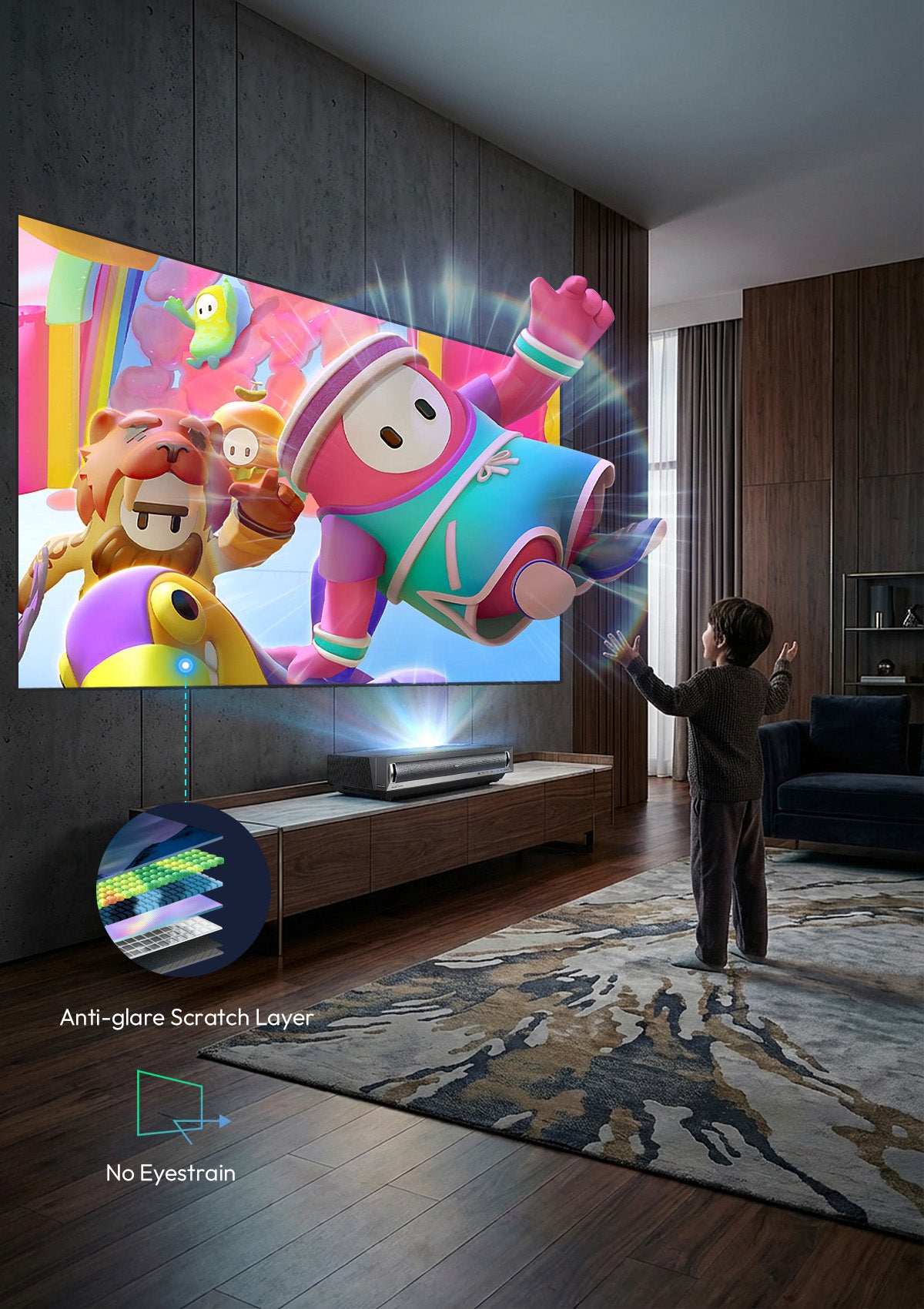 Eye care projection screen with soft light diffusion layer on NothingProjector Fresnel ALR Screen reducing glare for comfortable gaming