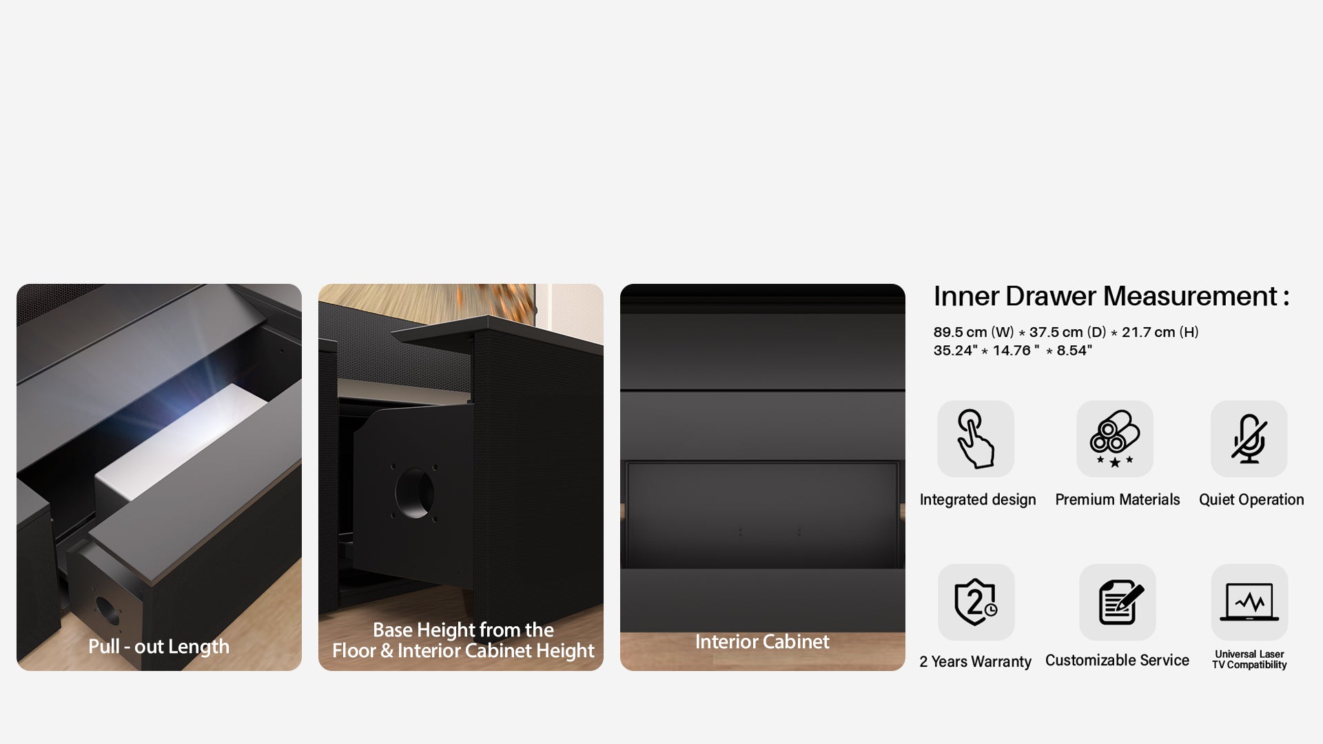 Motorized Laser TV Cabinet with Quiet 89.5cm Storage Drawer & 30kg Projector Lift - 2-Year Warranty