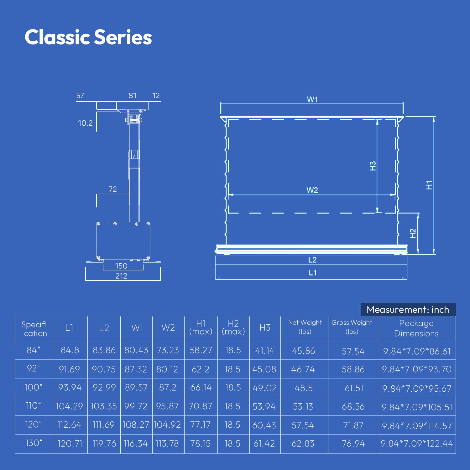NothingProjector PET Crystal Classic ALR Motorized Floor Rising Screen Detailed Dimensions and Specifications Chart