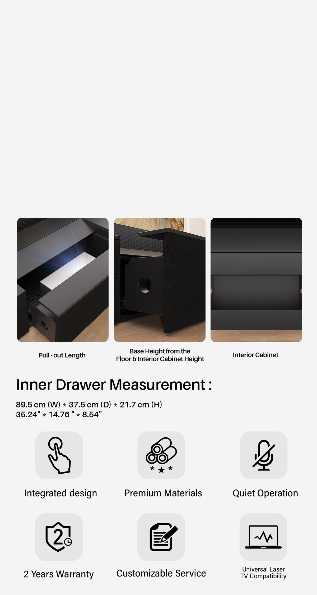 Motorized Laser TV Cabinet with Quiet 89.5cm Storage Drawer & 30kg Projector Lift - 2-Year Warranty