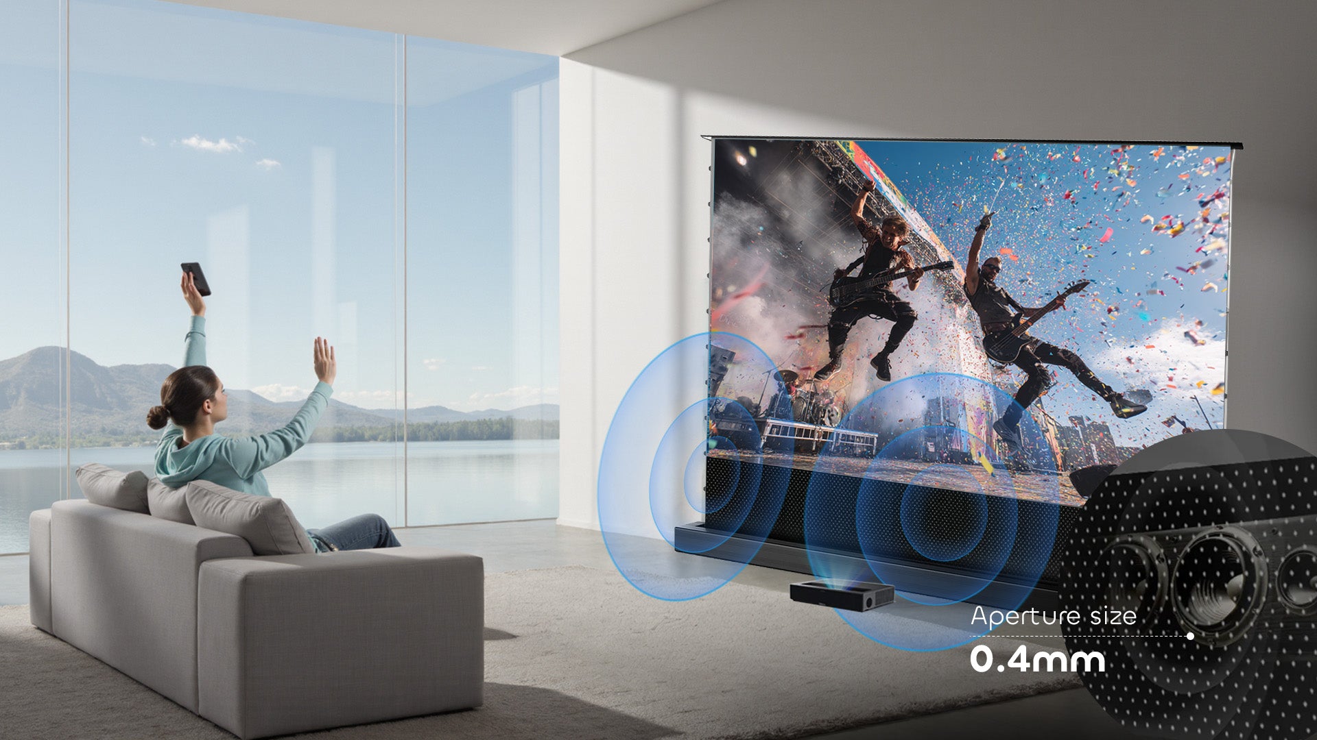 NP Black Series UST ALR floor rising screen with 0.4mm micro-perforations enabling immersive 3D audio and minimal light loss