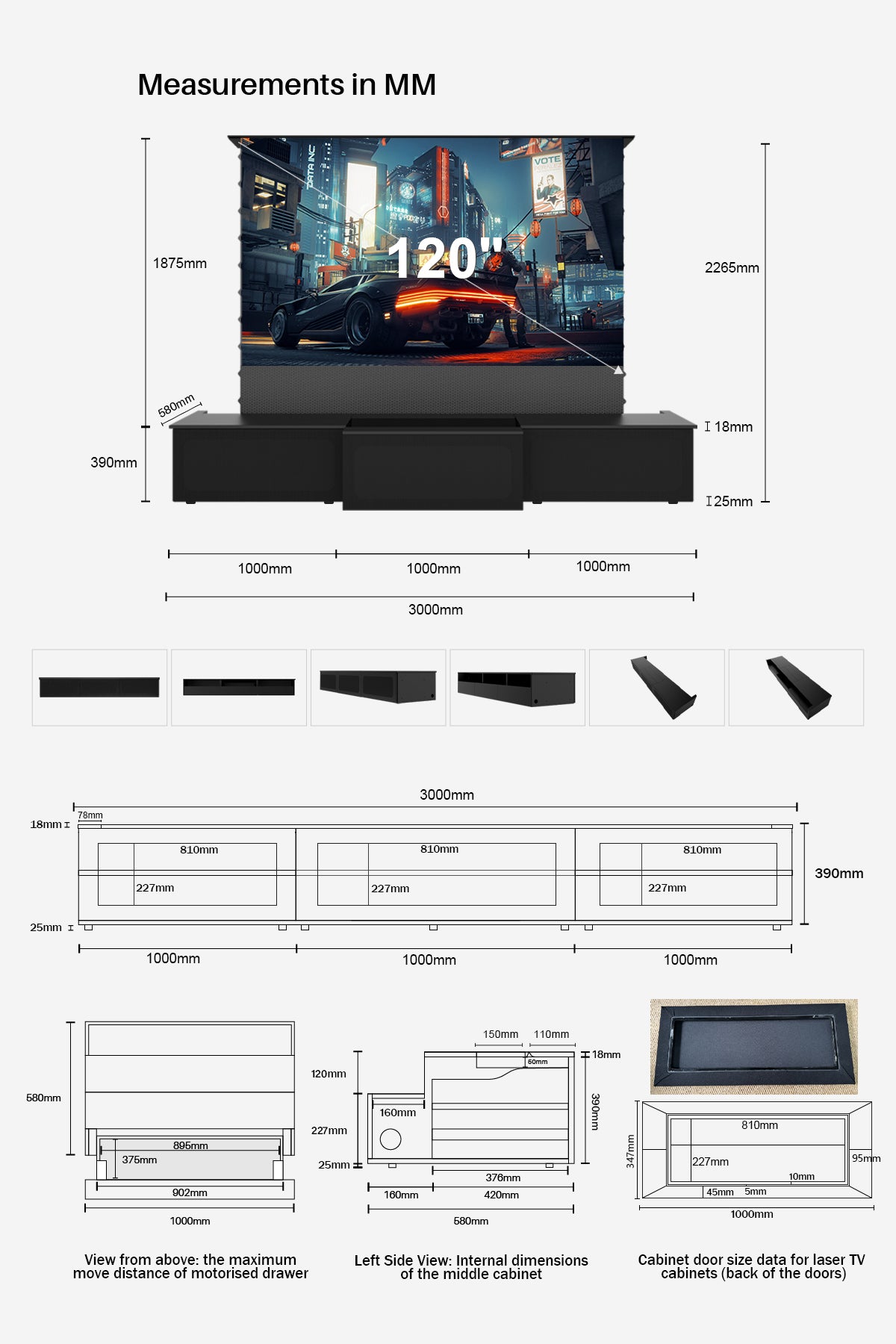 100-120" Shore Black Motorized Laser TV Flat Pack Cabinet