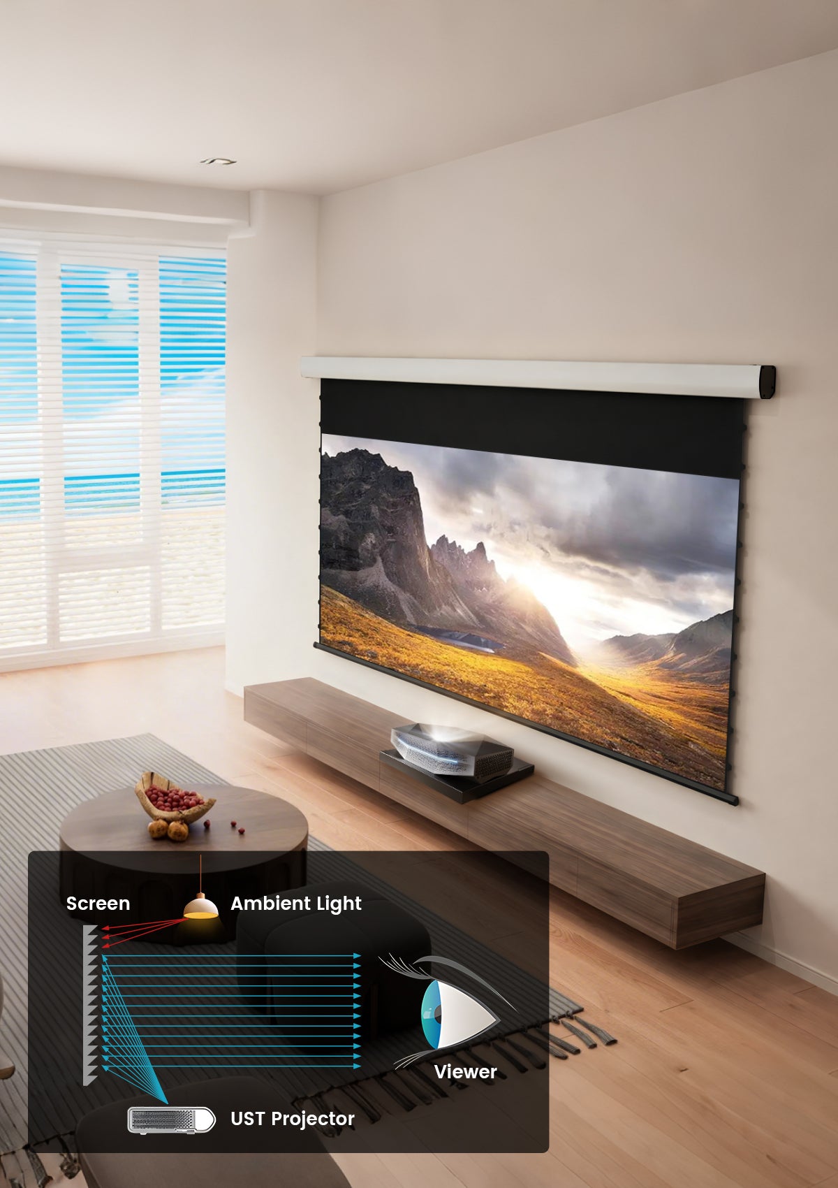 Black Series motorized drop-down ALR projector screen - 95% ambient light rejection for daylight viewing