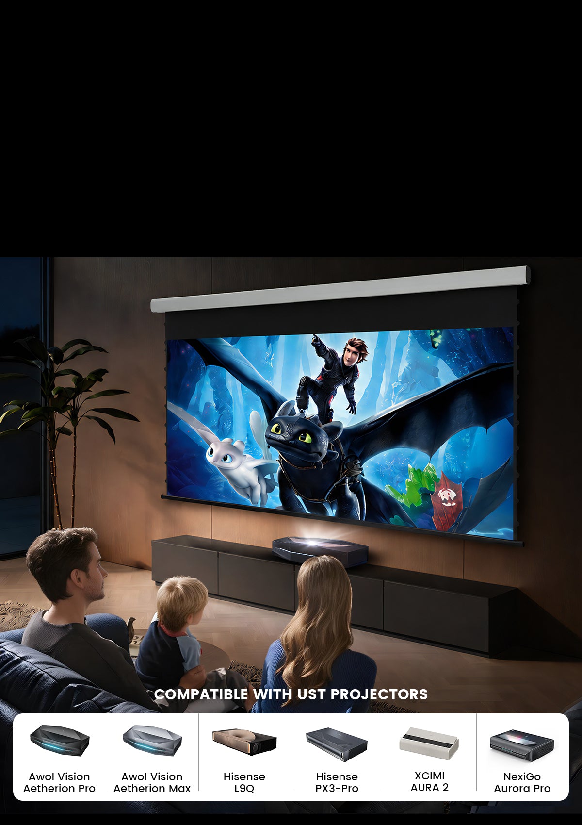 NothingProjector Drop down UST ALR screen compatible with major laser projector brands like Hisense and AWOL