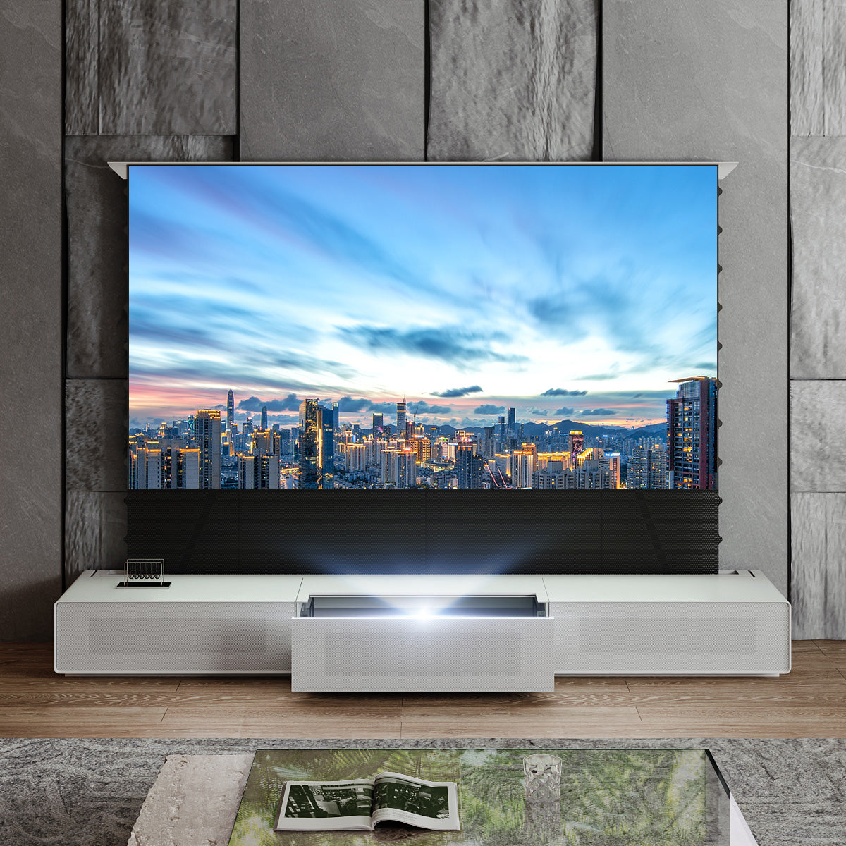 Front View Shore White UST Projector Cabinet Pre Assembled Bundle with Black Series Motorized Screen for Nothing Projector Home Theater