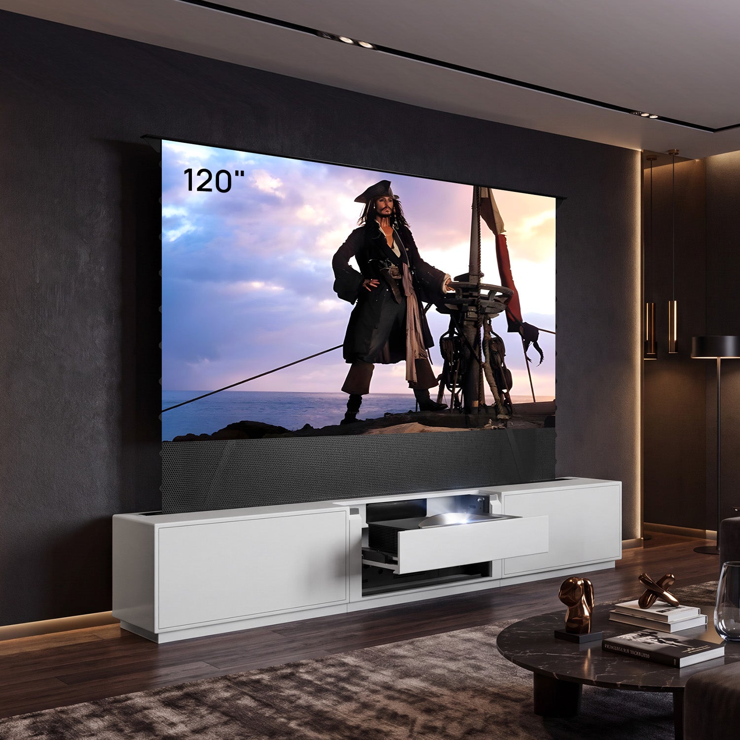 Shore Mattes Smart Laser TV Lowboard mit Klappdesign für Ultrakurzdistanz-Beamer (Vormontiert)