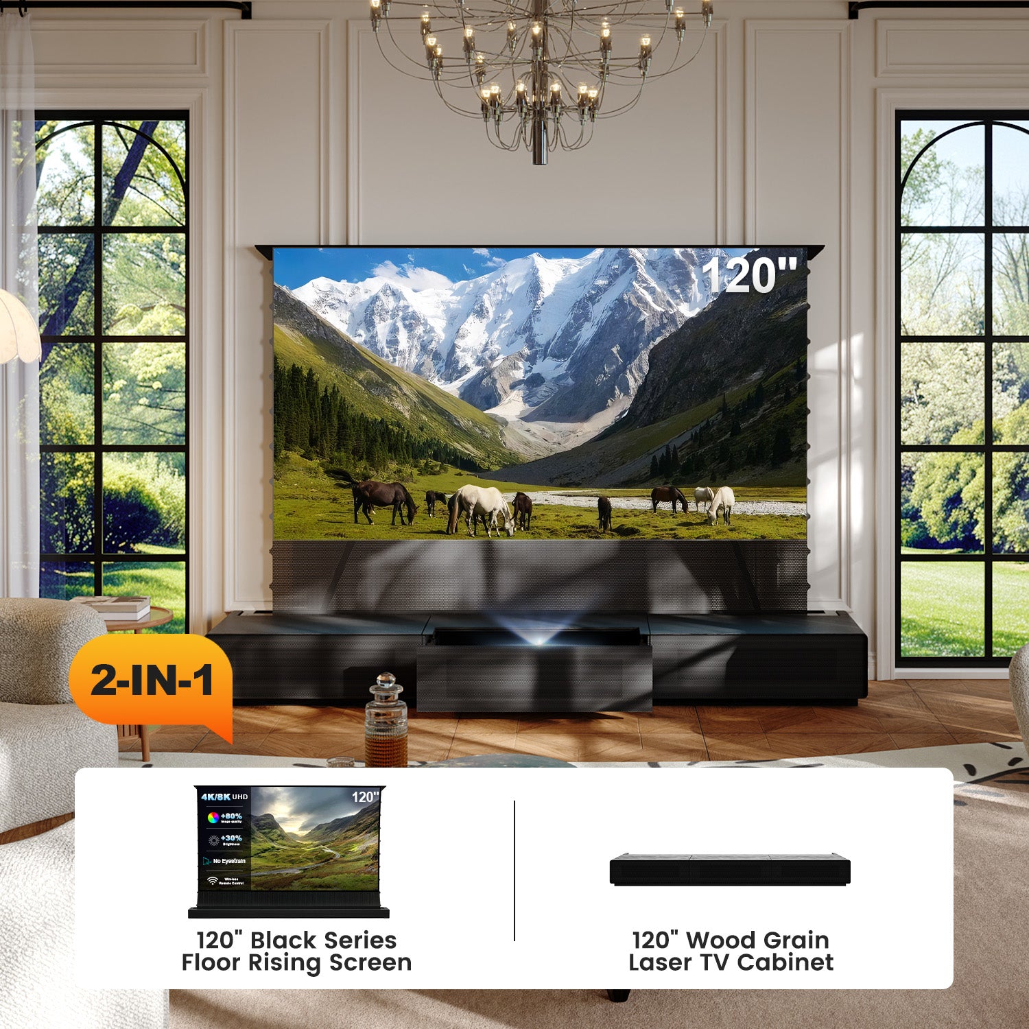 120 Inch 2-in-1 UST Projector Bundle: Black Series Floor Rising Screen+ Wood Grain Laser TV Cabinet
