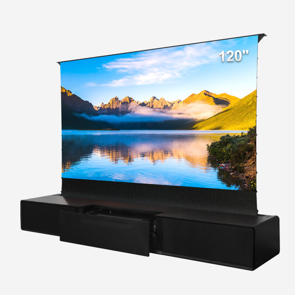 120’‘Shore Wood Grain UST Projector Cabinet + Black Series Motorized Floor Rising Screen