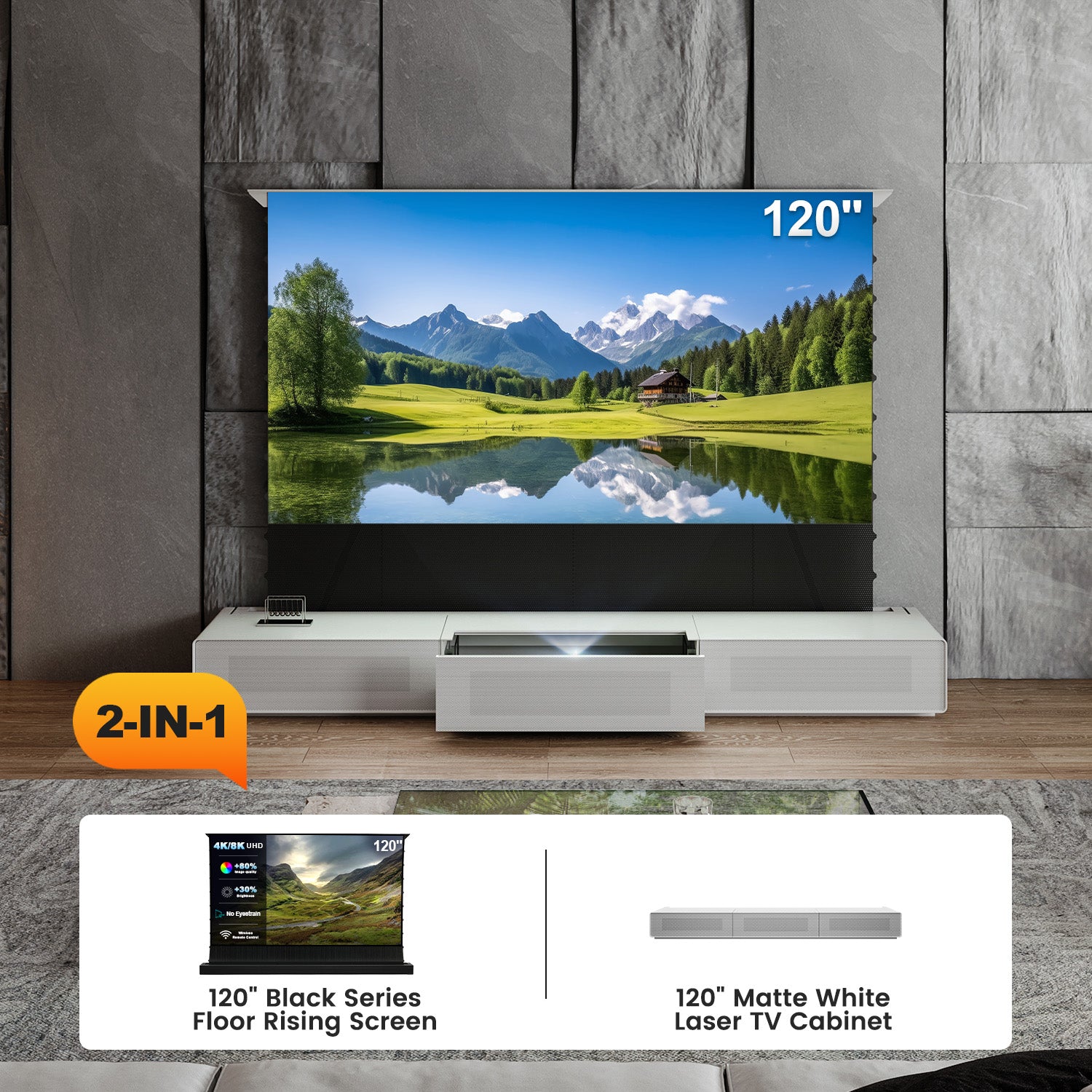 Shore UST Projector Matte Cabinet + Black Series Motorized Floor Rising Screen Bundle (Pre-Assembled)