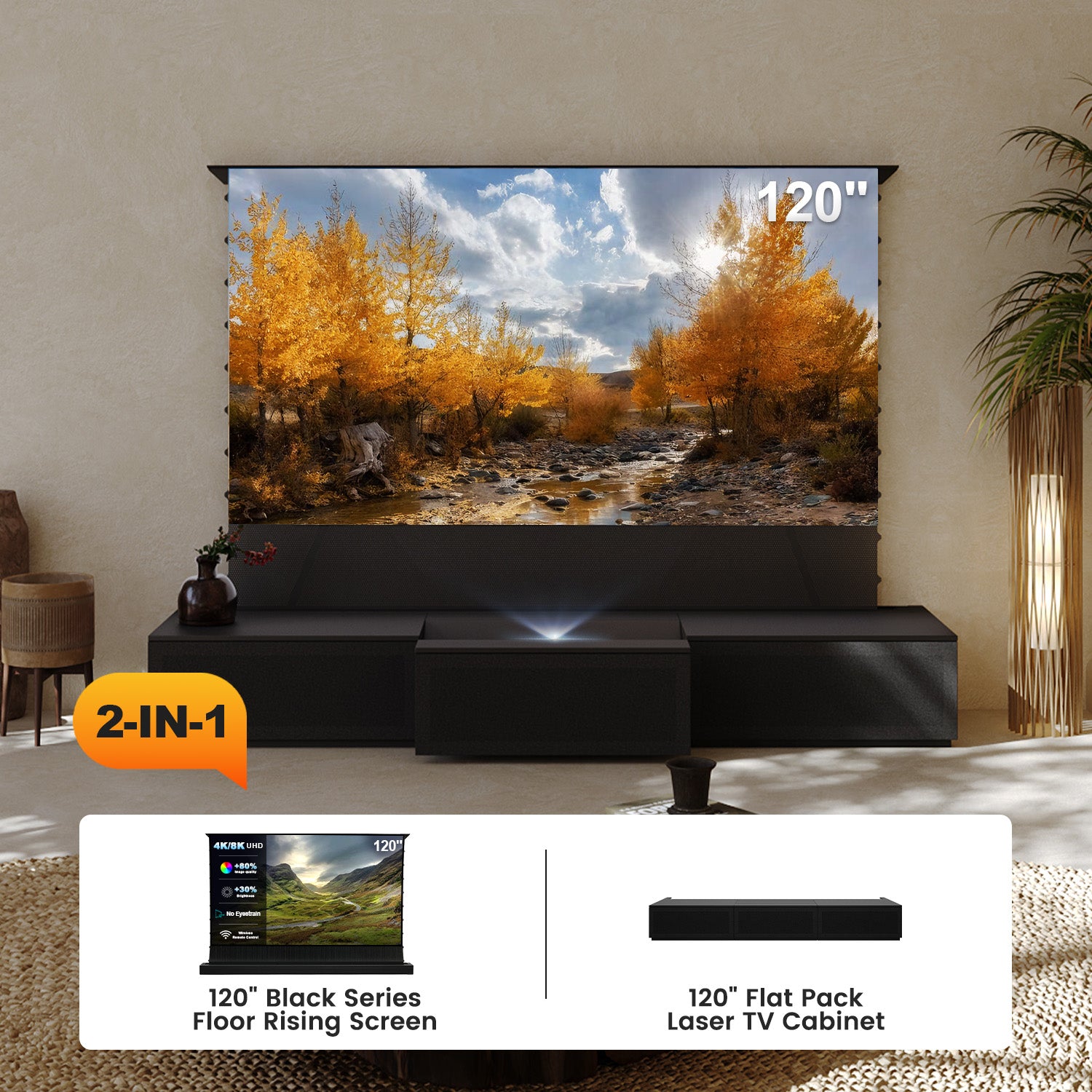 120" 2-in-1 Home Cinema System: Black Series Floor Rising Screen +Flat Pack Laser TV Cabinet for Immersive Viewing