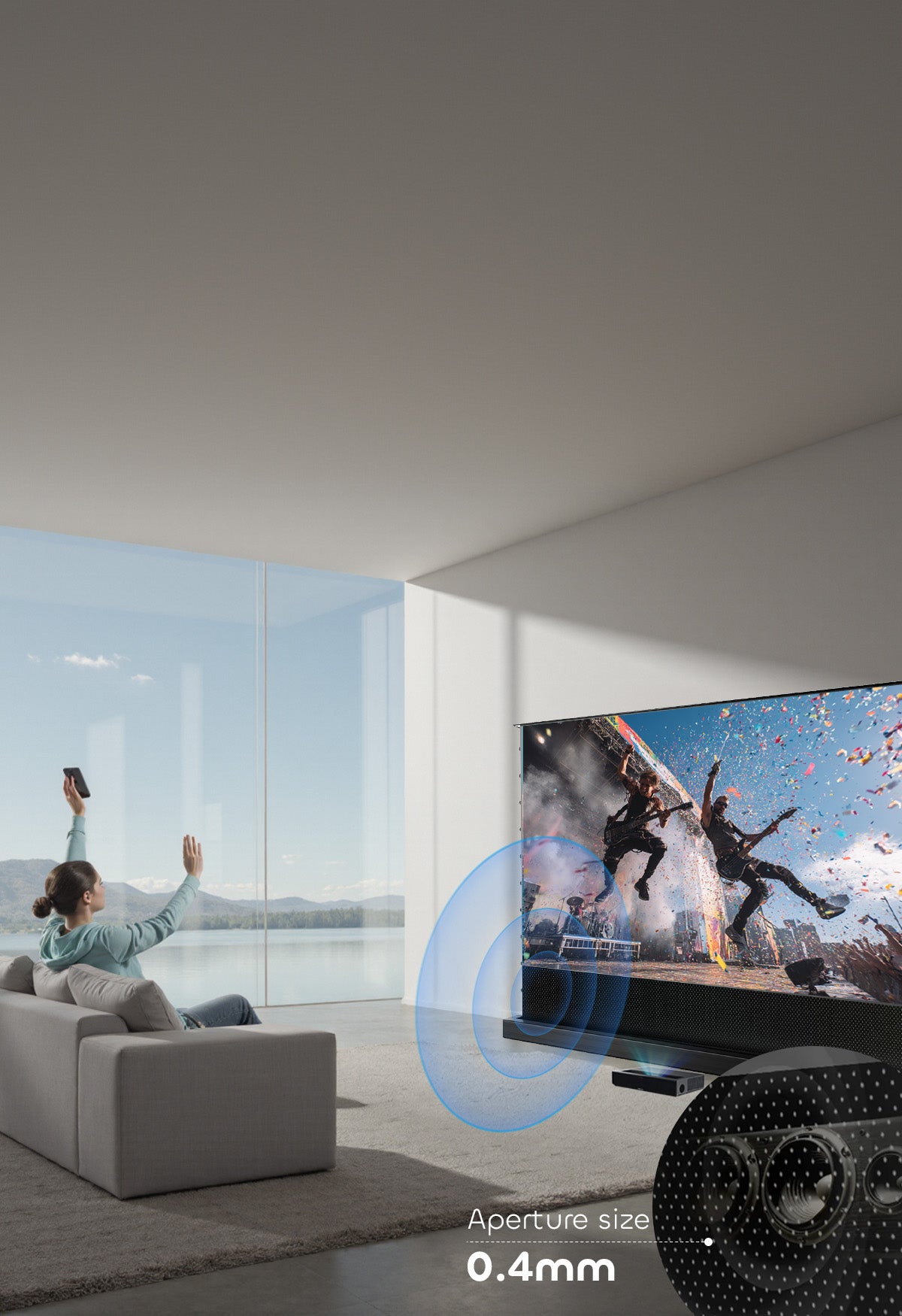 NP Black Series UST ALR floor rising screen with 0.4mm micro-perforations enabling immersive 3D audio and minimal light loss