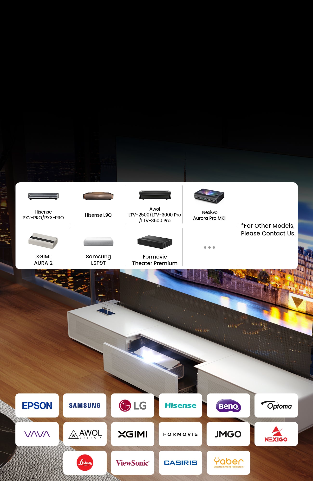 The Shore Laser TV Cabinet offers extensive compatibility with major brands like Hisense, Samsung, and XGIMI