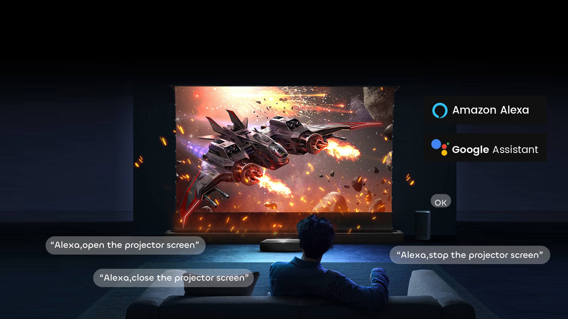 NP Black Series ALR Floor-Rising Screen with Siri Alexa Google voice control and Tuya app integration for hands-free home theater use