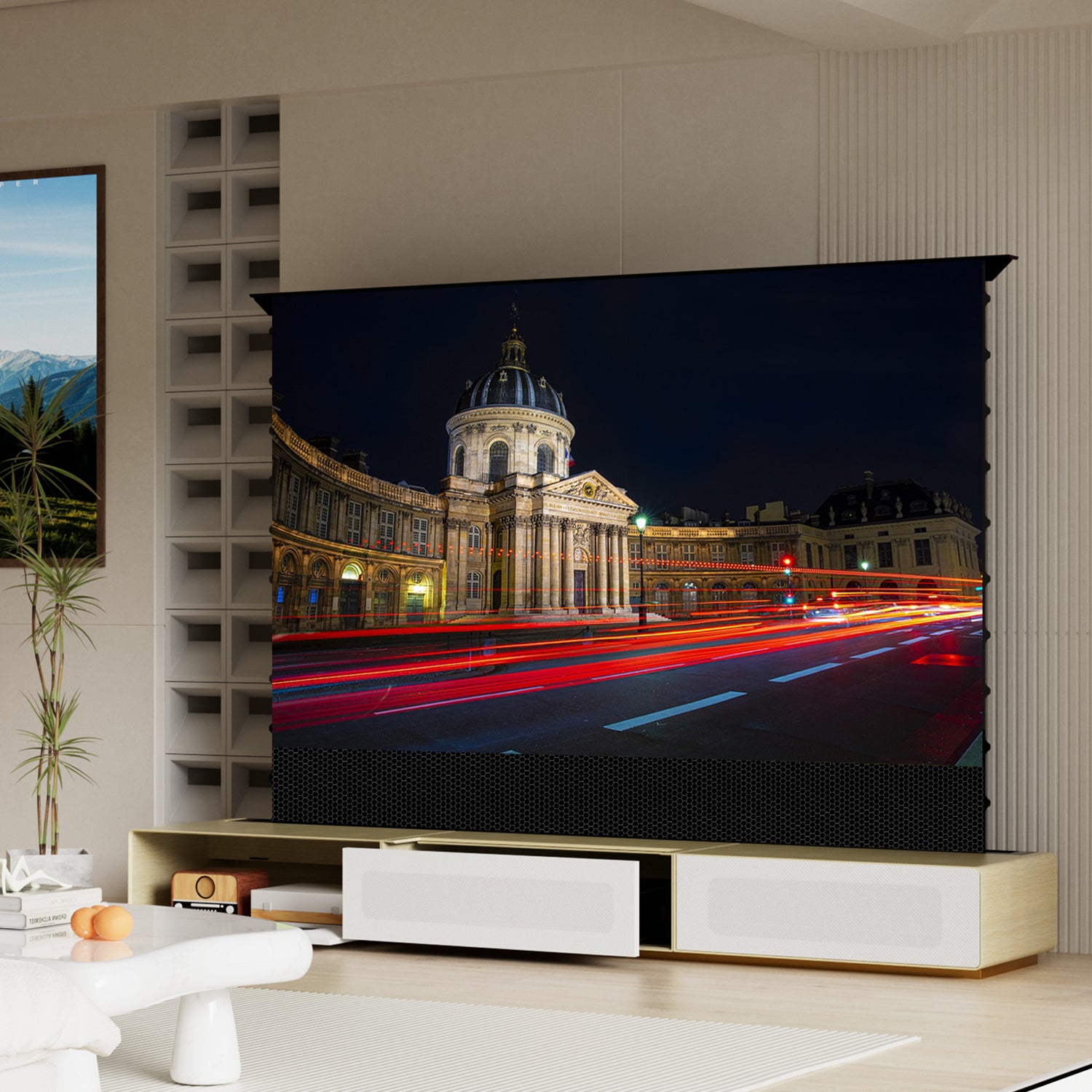 light Walnut cable-managed laser TV console front view with UST projector compatibility