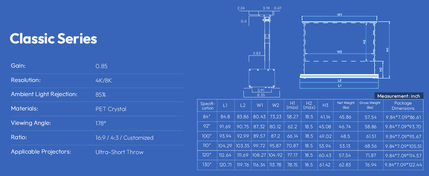 100''-150'' NothingProjector UST ALR Screen: Projection Distance & Height Specs (Inch)