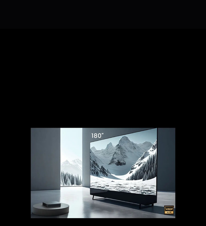 A spacious modern living room featuring a 180-inch projector screen with Full HD 1080p resolution displaying a stunning mountain landscape