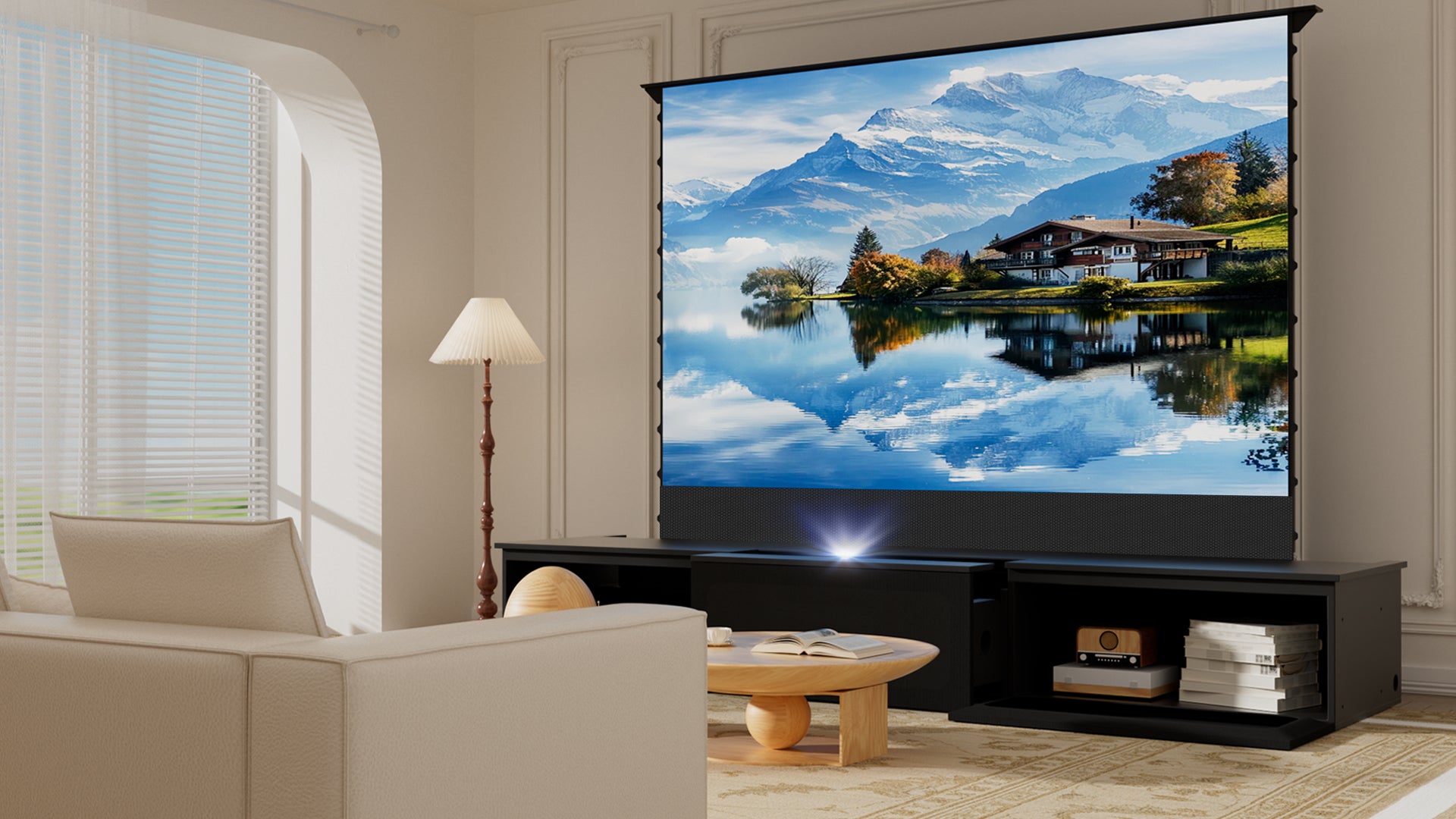 Smart Laser TV Cabinet with Silent Gliding Storage Drawer - Effortless Access for AV Equipment & Routers in Spacious Organized Interior