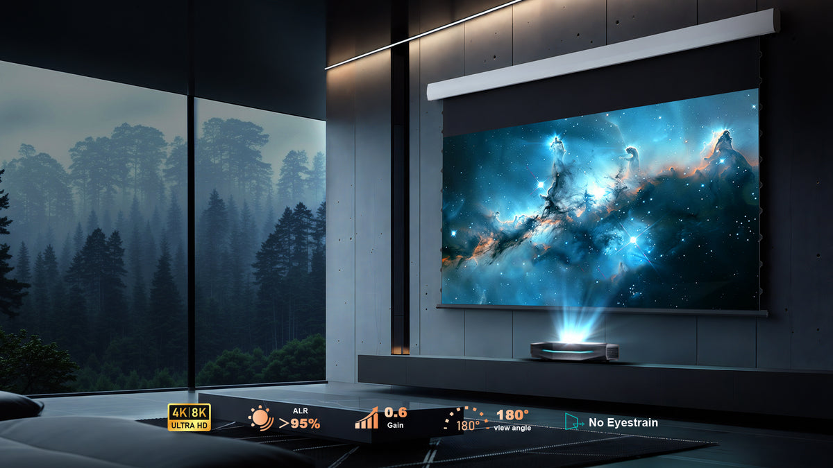 NothingProjector 84-120 Inch Motorized Drop Down UST ALR Screen in a modern living room setup