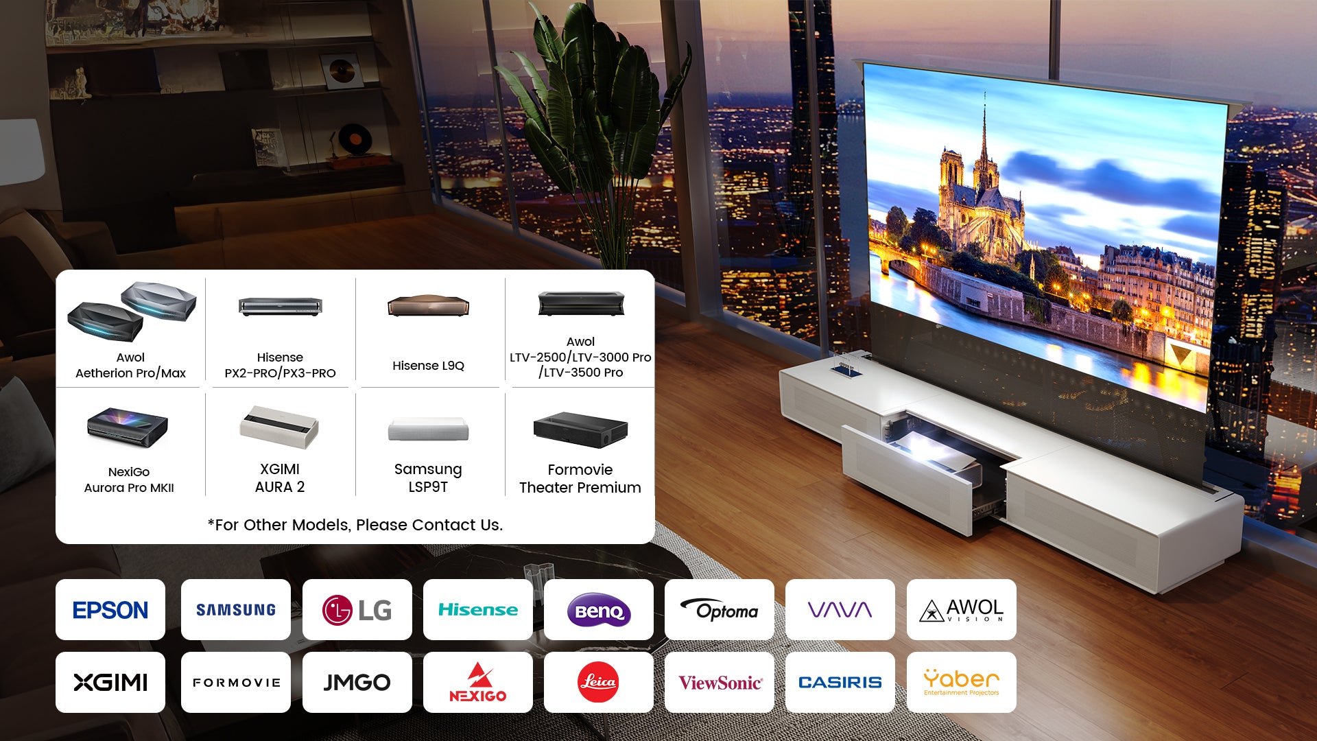 The Shore Laser TV Cabinet offers extensive compatibility with major brands like Hisense, Samsung, and XGIMI