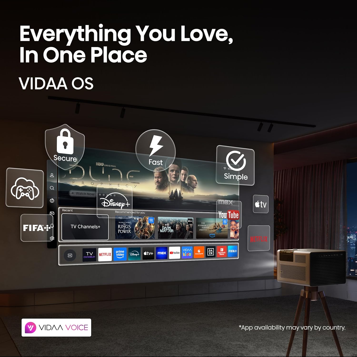 Hisense XR10 4K triple laser intelligent Vidéoprojecteur avec Iris et Lens Shift, 6000 ANSI Lumens, 65" - Système d'exploitation Vidaa amélioré Dolby Vision IMAX 300 pouces réglé par Devialet