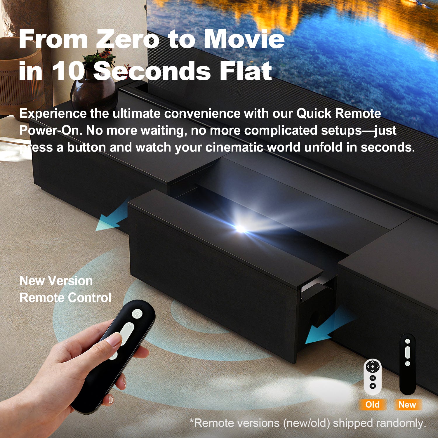 Shore Black flat-pack laser TV cabinet motorized drawer opening via remote.