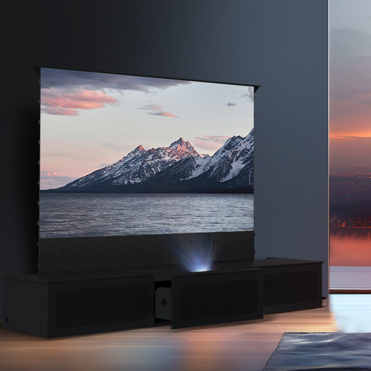 The flat-pack laser TV cabinet with motorized ALR screen in living room