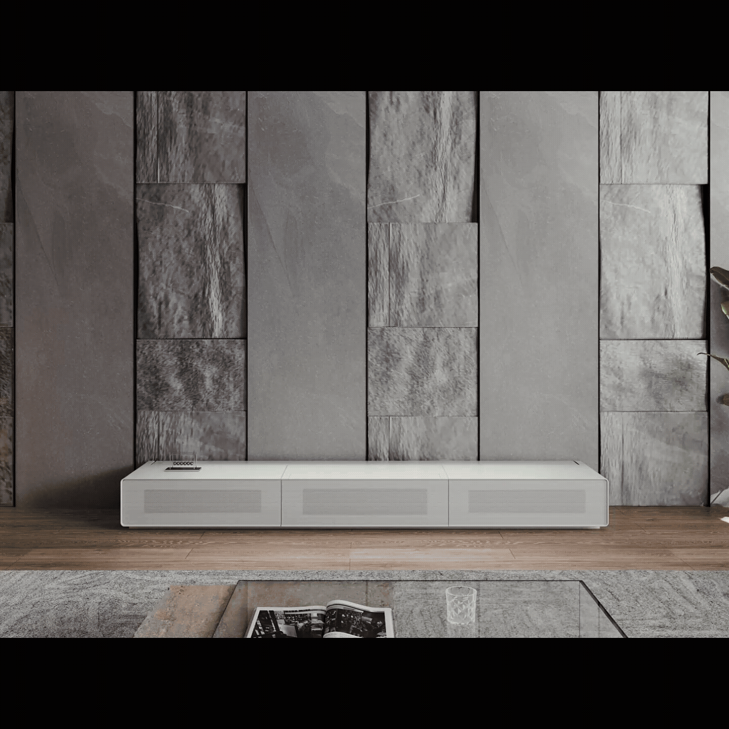 Matte black laser TV cabinet - animated GIF showing smooth sliding doors and modern design from front
