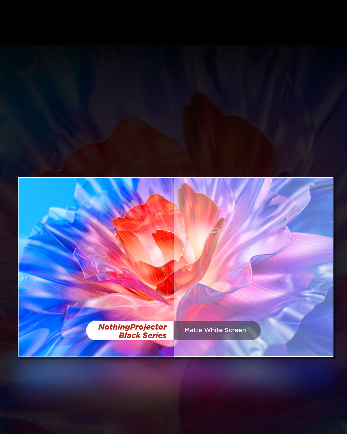 Visual comparison showing NothingProjector Black Series' 0.6dB low-gain screen (enhanced blacks, shadow detail) vs standard matte white screens (washed-out contrast) for dark-room projection