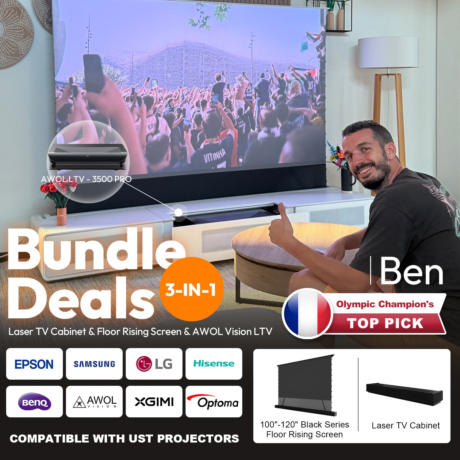 NothingProjector 3-in-1 Bundle Deal Featuring AWOL Vision LTV-3500 Pro Projector and Laser TV Cabinet Endorsed by Olympic Champion Ben