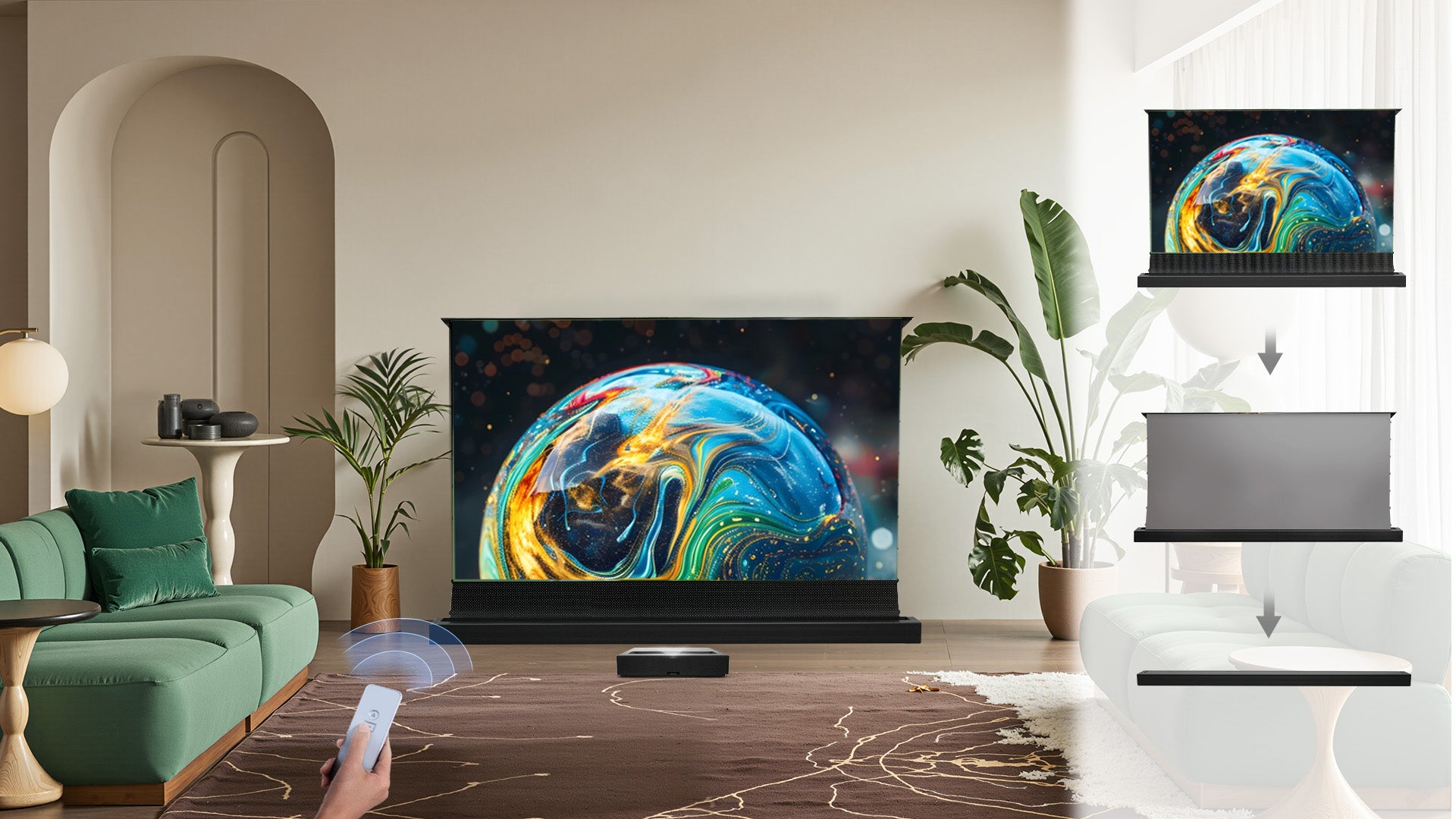 NP Black Series Motorized ALR UST Screen floor-rising design with auto-retracting mechanism for space-efficient home theater transformation